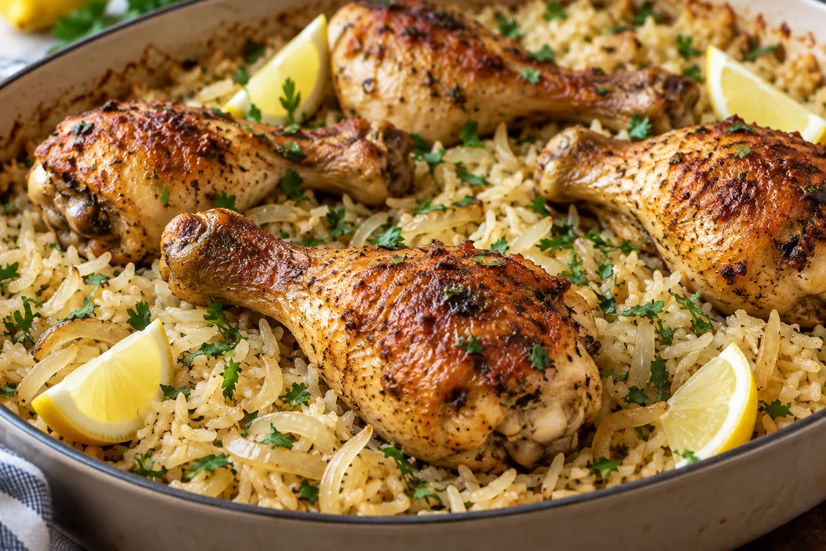 Baked Chicken Legs and Rice close-up