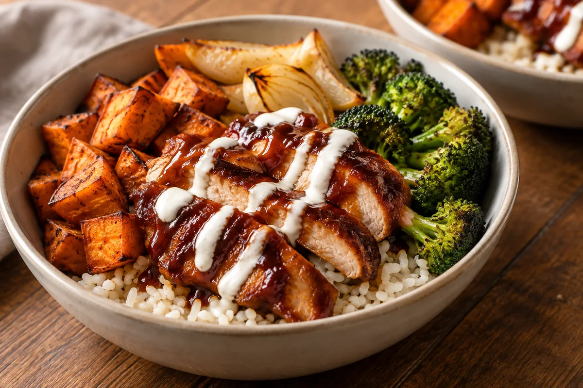 BBQ Chicken & Roasted Sweet Potato Bowls close-up
