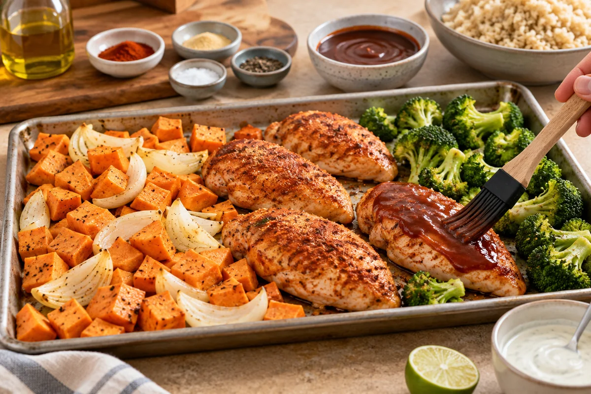 BBQ Chicken & Roasted Sweet Potato Bowls preparation