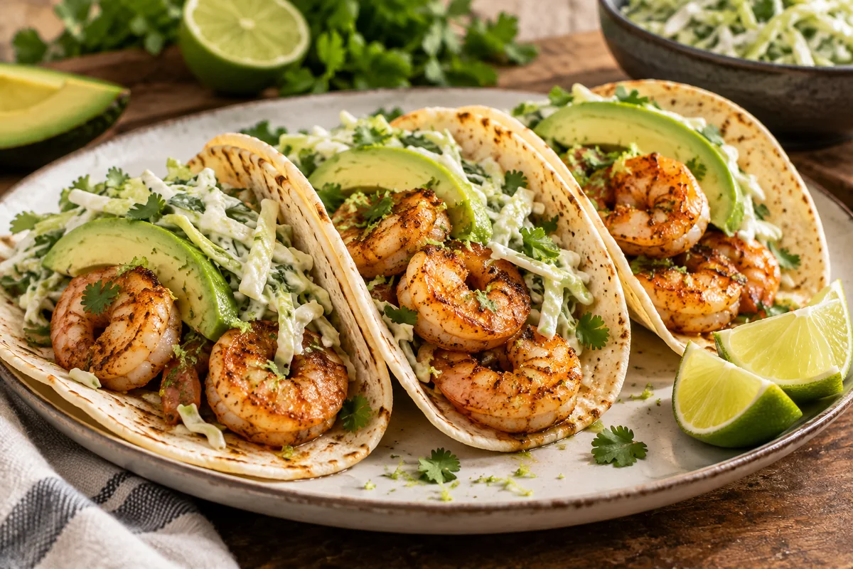 Cilantro Lime Shrimp Tacos with Creamy Slaw close-up