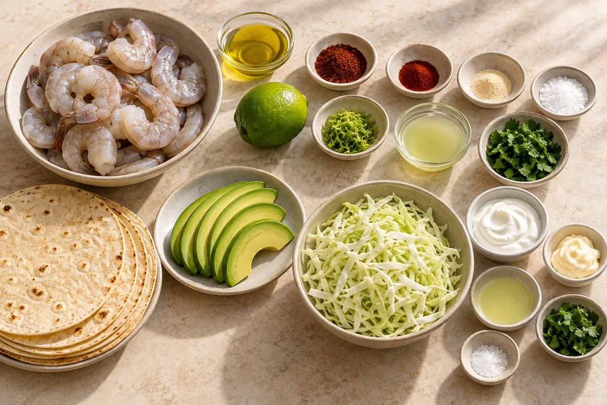 Cilantro Lime Shrimp Tacos with Creamy Slaw ingredients