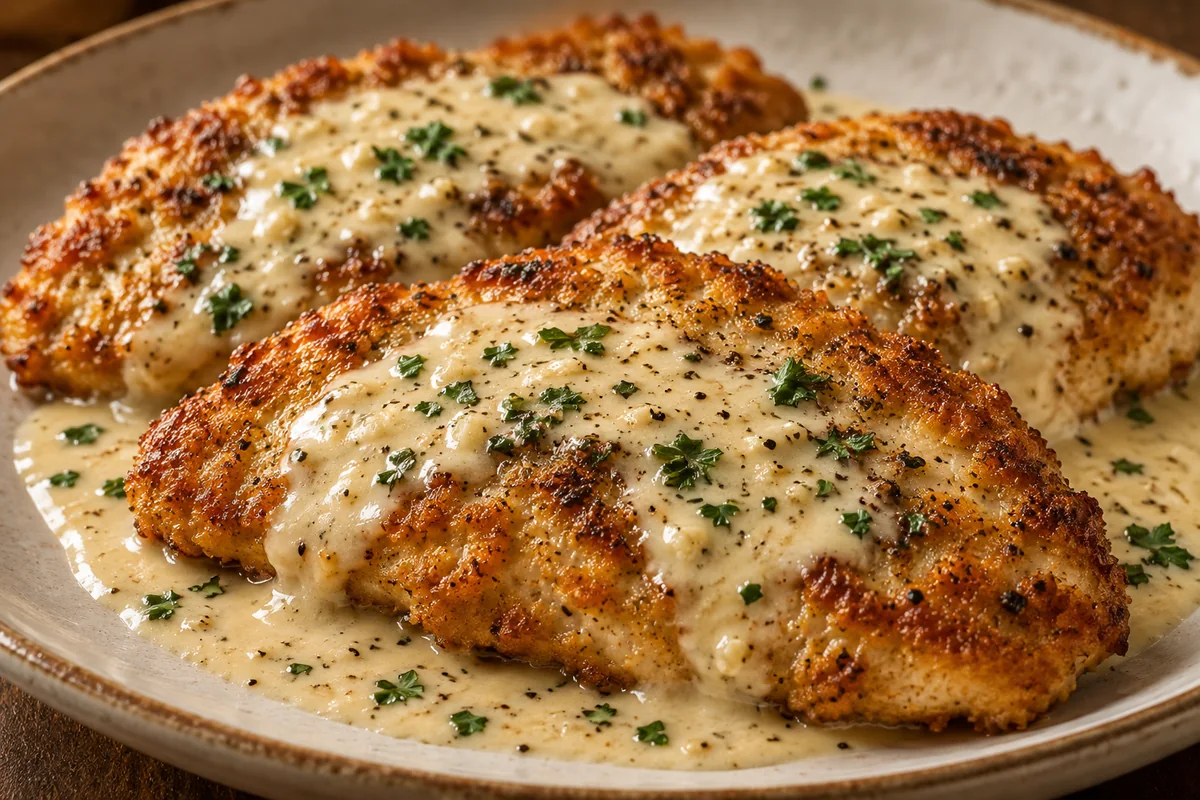Crispy Parmesan Chicken with a Rich Garlic Sauce close-up