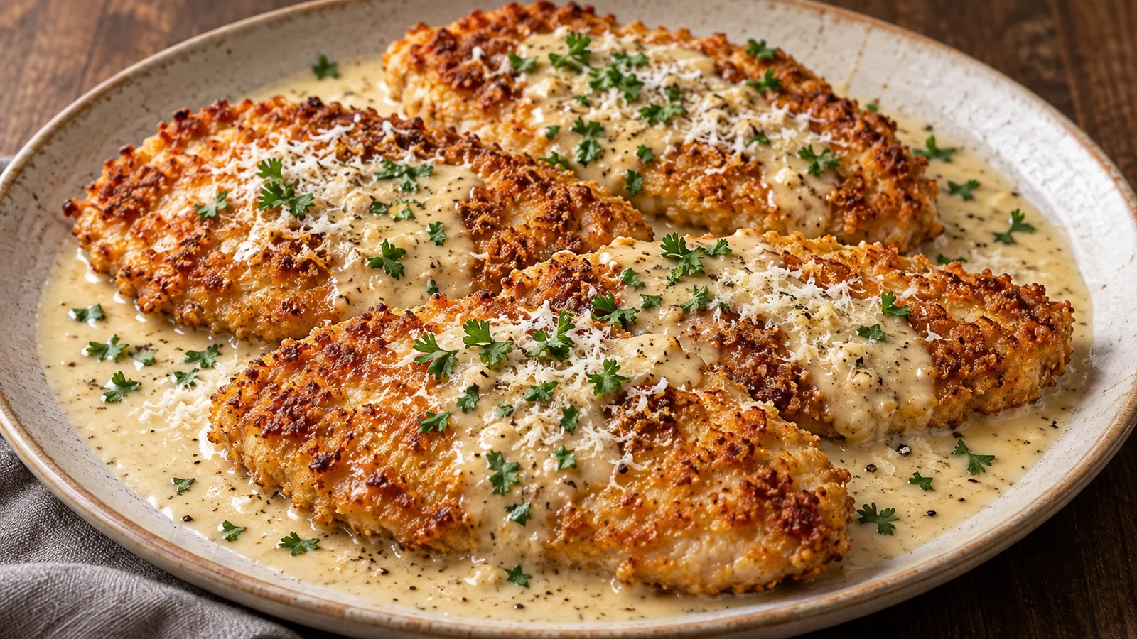 Crispy Parmesan Chicken with a Rich Garlic Sauce