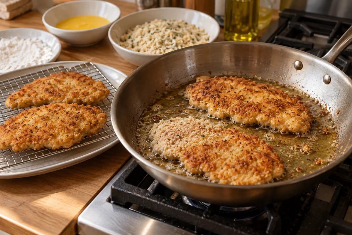 Crispy Parmesan Chicken with a Rich Garlic Sauce preparation
