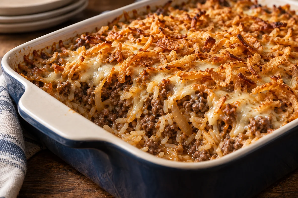 French Onion Ground Beef and Rice Casserole close-up