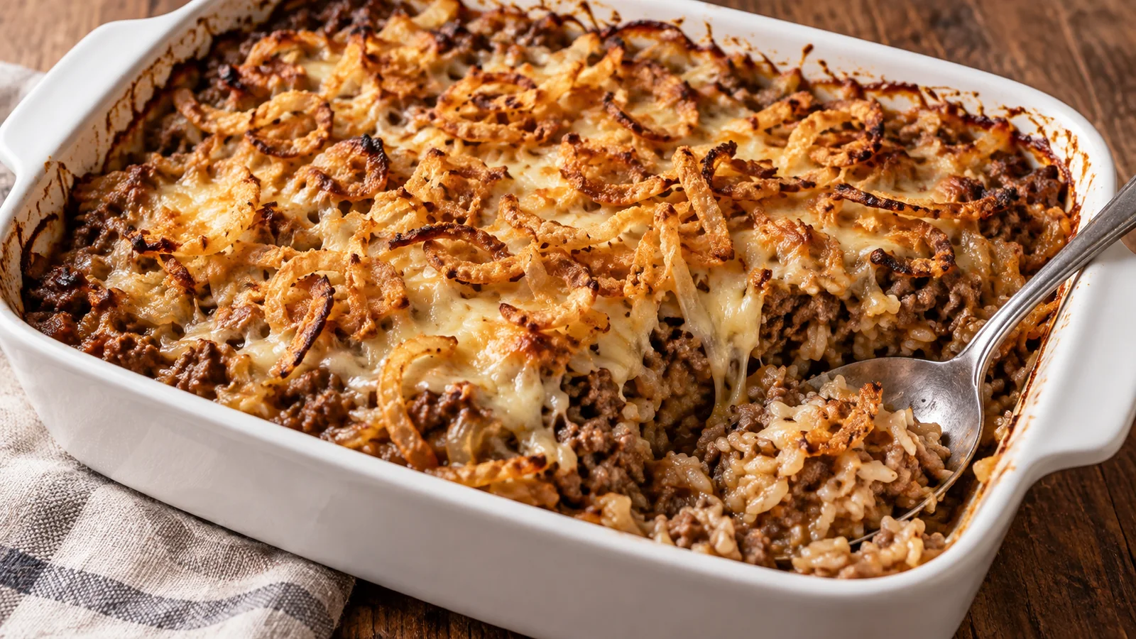 French Onion Ground Beef and Rice Casserole