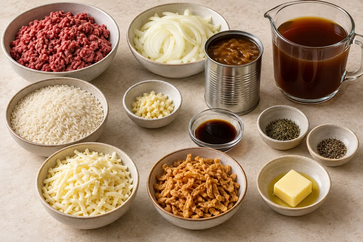 French Onion Ground Beef and Rice Casserole ingredients
