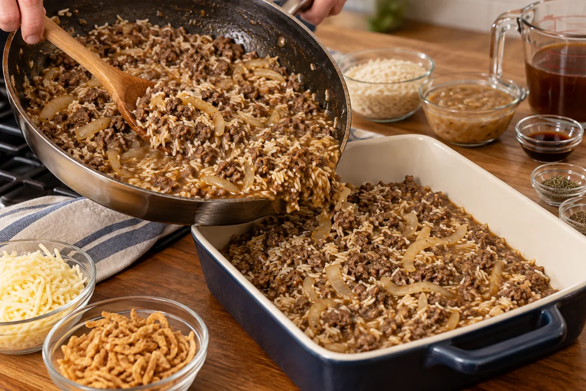 French Onion Ground Beef and Rice Casserole preparation